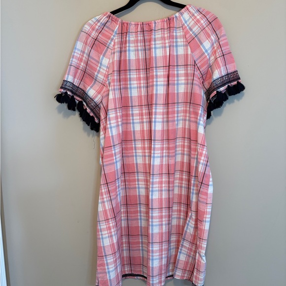 Crown & Ivy Dress Sz 14 Pink Blue White Plaid Tassel Short Sleeve Beach Casual - Picture 8 of 12